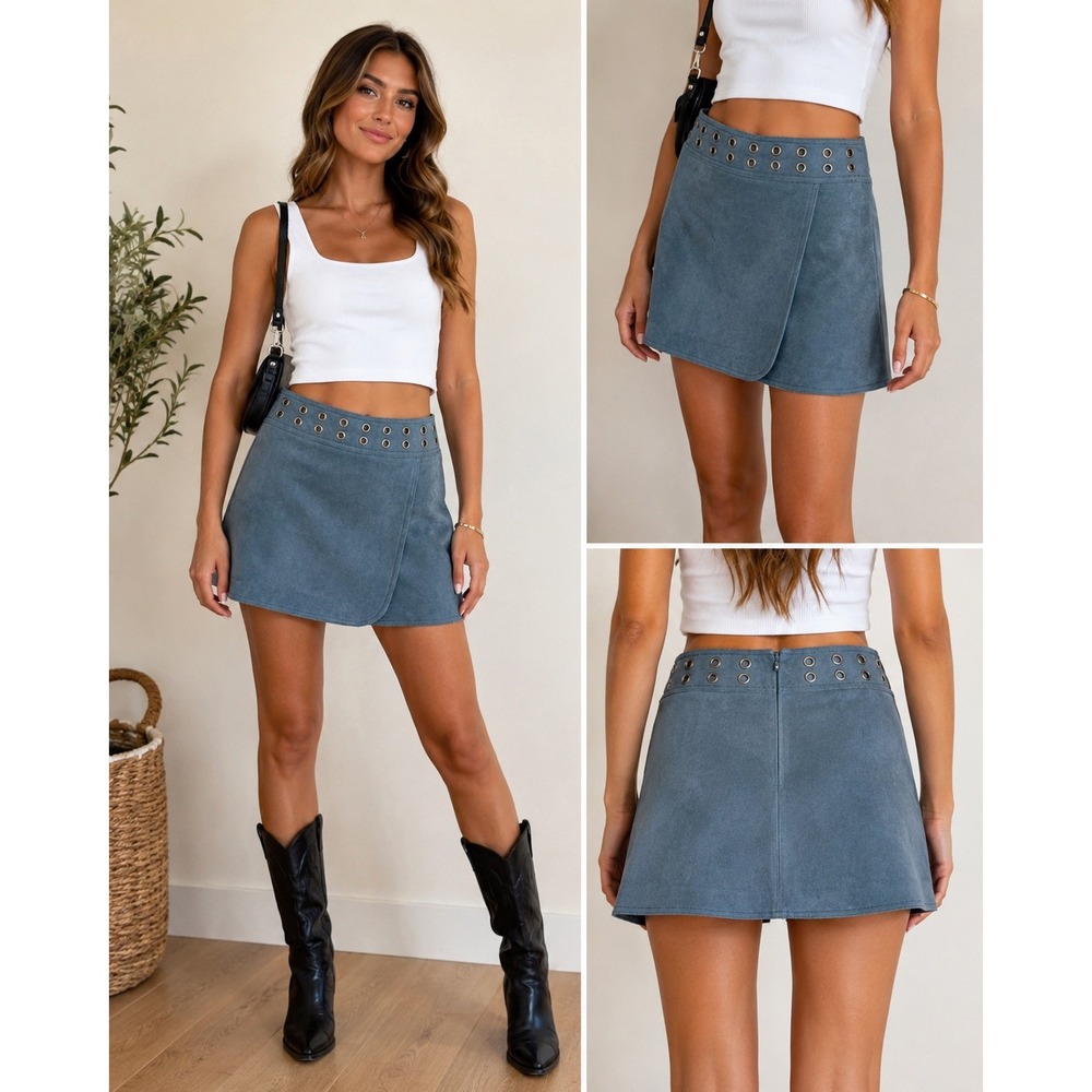 BCBGMAXAZRIA Blue Faux Suede Grommet Wrap Mini Skirt Size M